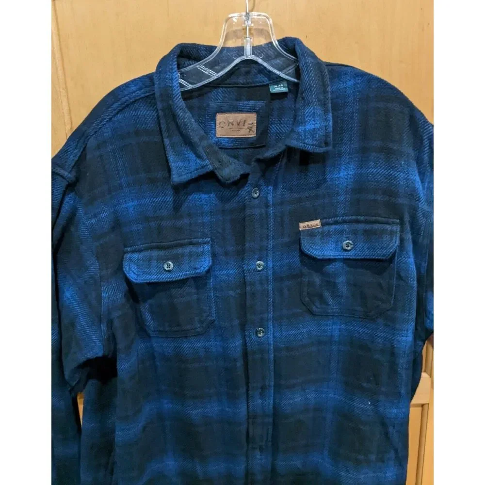 Orvis Mens XL Big Bear Flannel Shacket Shirt Jacket Blue Black Plaid Heavy Thick